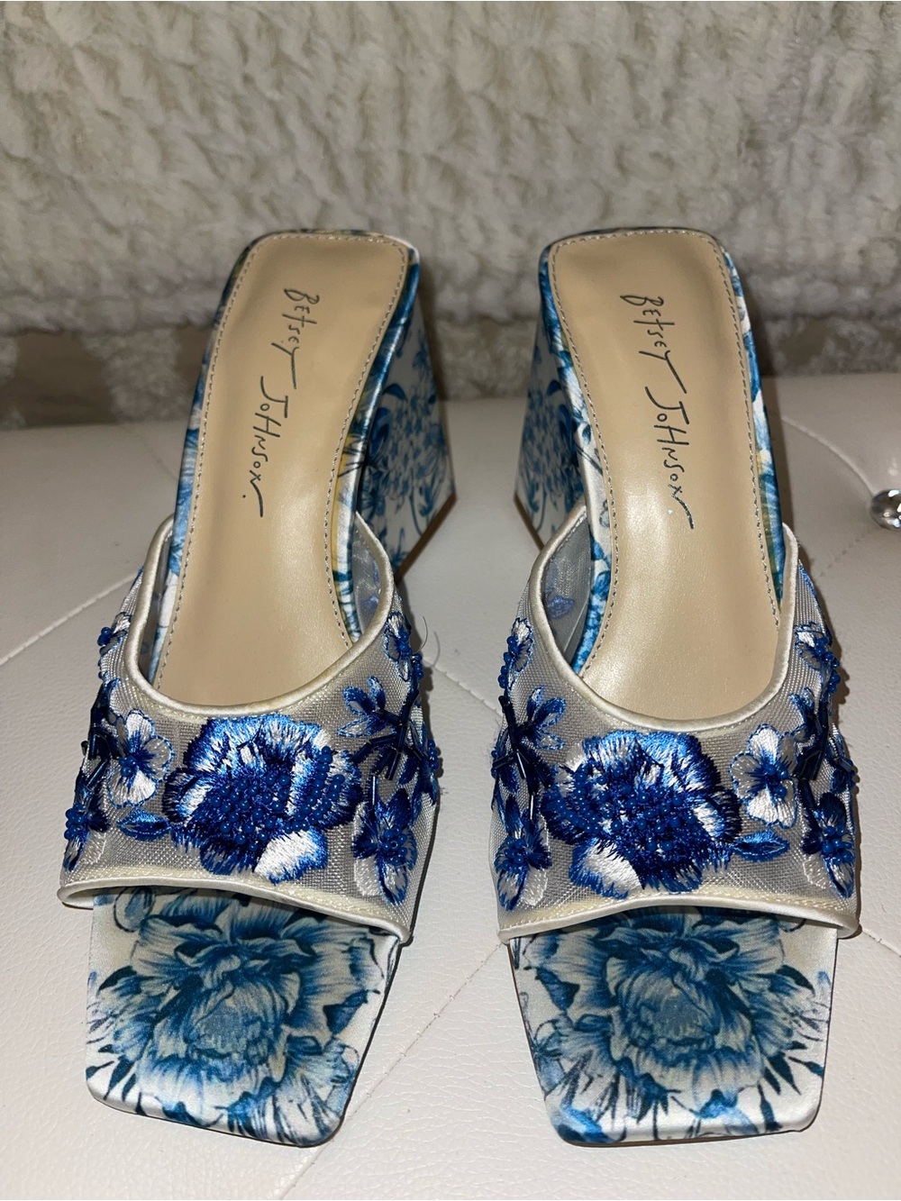 Betsey Johnson Blue and White Floral Embroidered Mules